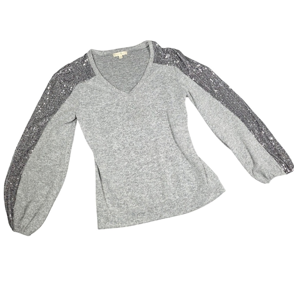 Sequin Pullover Sweater Gray Top Soft Knit Large Holiday Sparkle Glam Party Boho